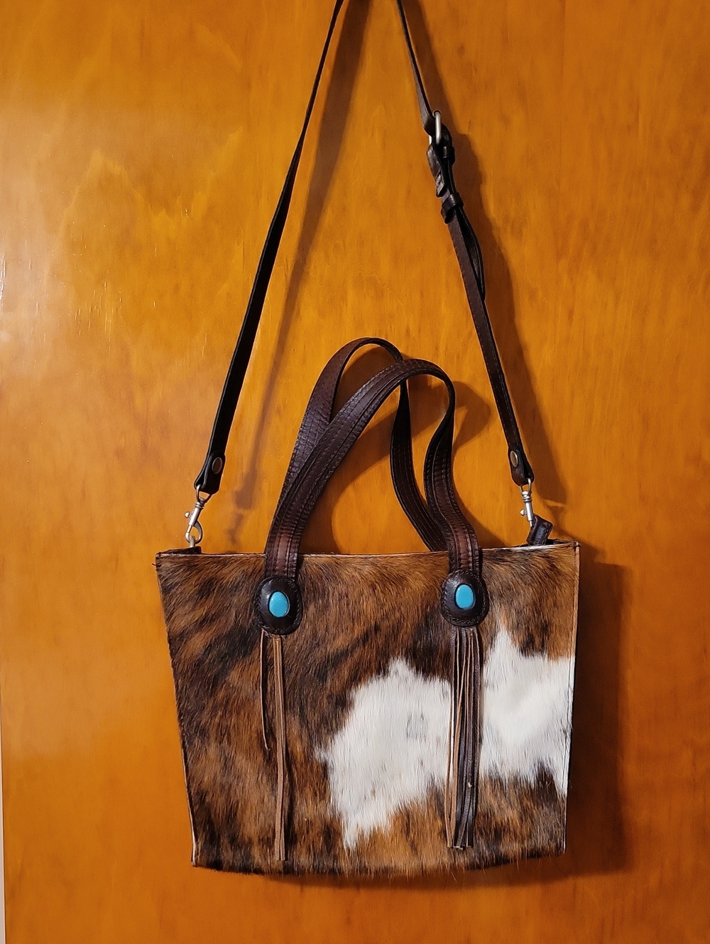 Patricia Nash Brown & White Cowhide Tote with Turquoise Studs